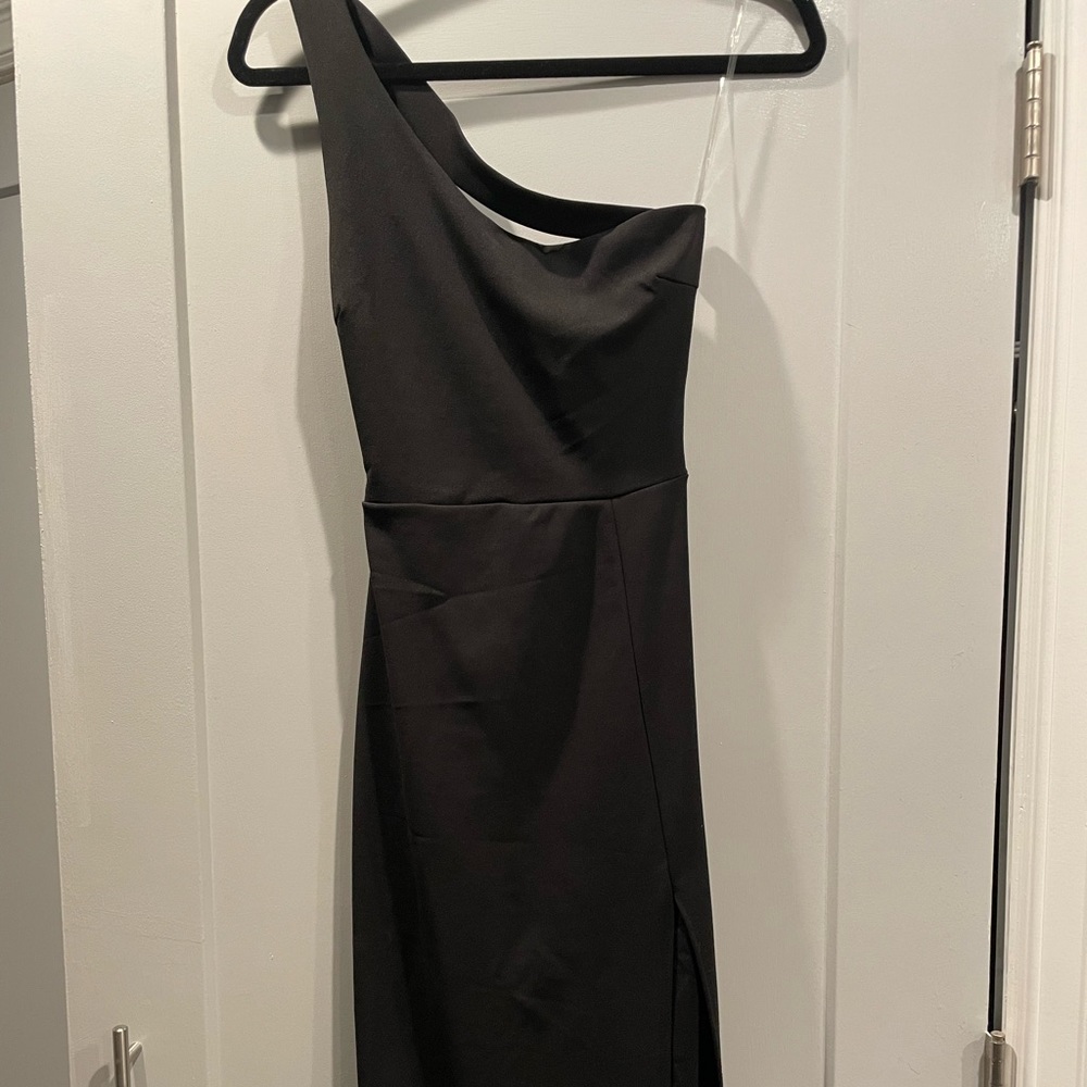 Black backless, asymmetrical one shoulder dress